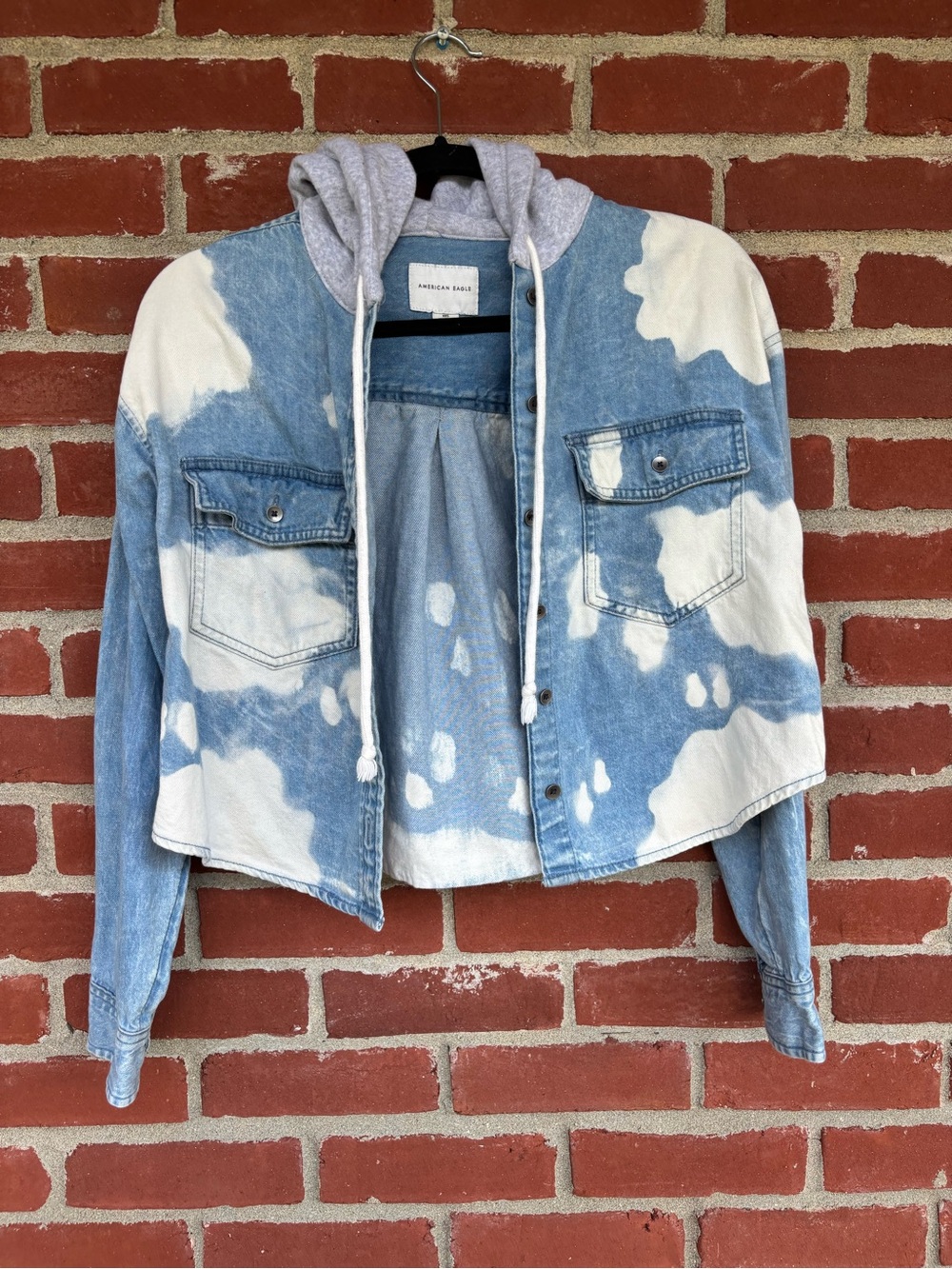 American Eagle Outfitters Blue and White Tie-Dye Denim Jacket with Gray Hood